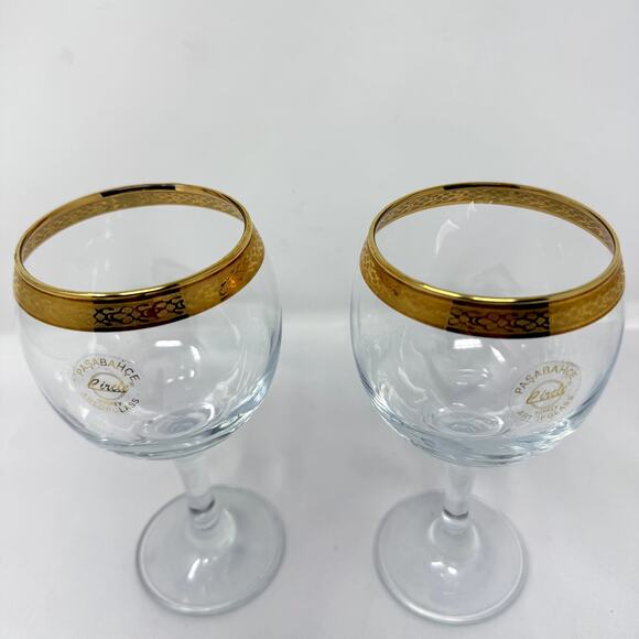 Pasabahce Circle Turkey Gold Rim Goblet Glasses Set of 2 Art of Glass 6.25” - Picture 2 of 7